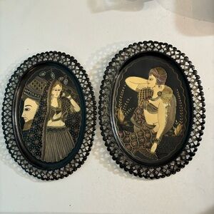Set of 2 vintage decorated brass & copper inlay Indian oval metal wedding plates